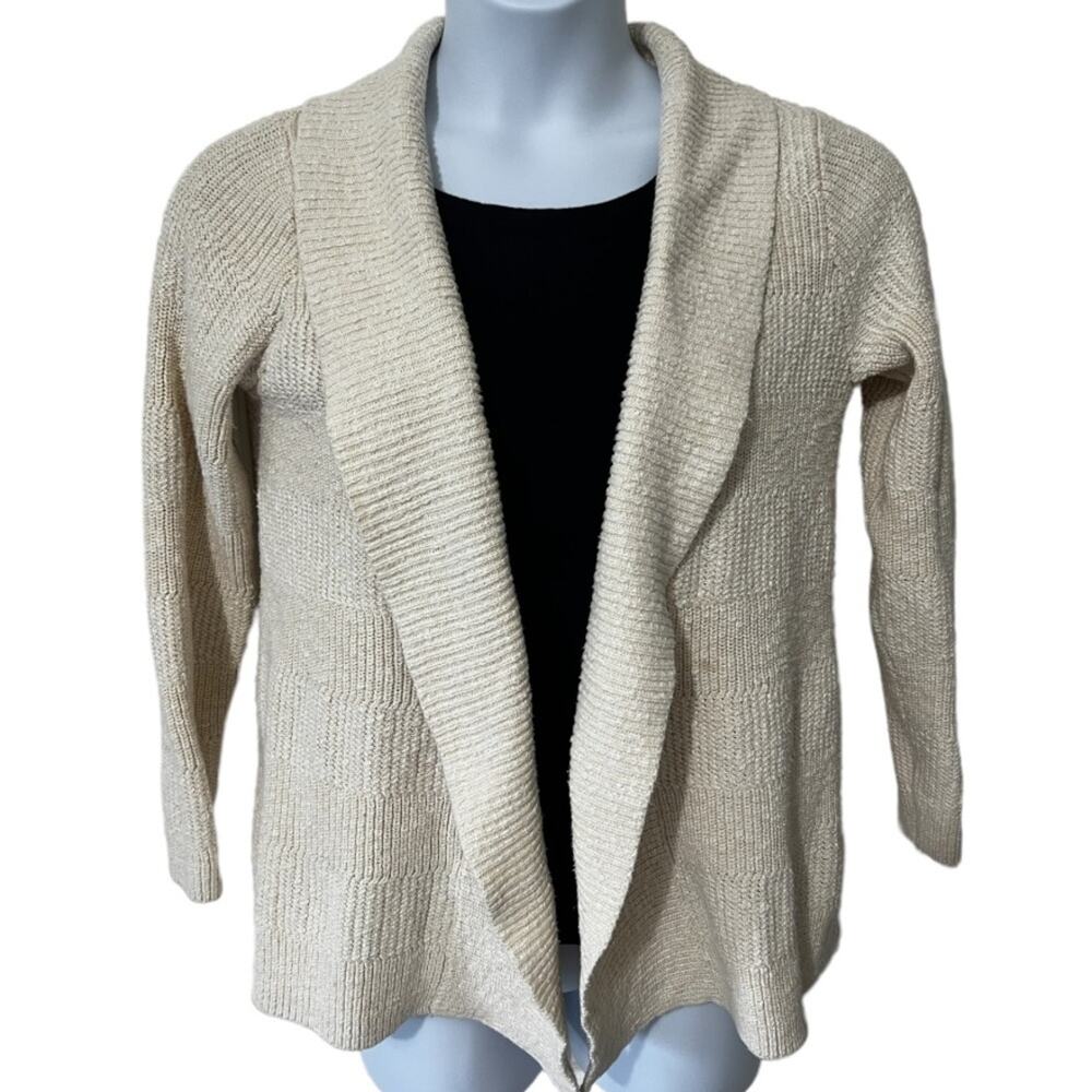 L.L. Bean Ivory Cotton Shaker Stitch Open Cardigan Sweater - Large